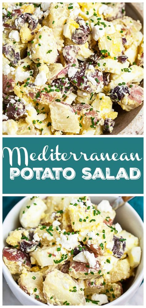 This Mediterranean Potato Salad makes a great easy and healthy side dish for summer! It's perfect to serve at a BBQ or picnic. This recipe is loaded with red potatoes, hard boiled eggs, Kalamata olives, and feta cheese. It's tossed in a creamy lemon dressing and topped with fresh herbs. This homemade potato salad is perfect served with grilled meats like chicken. It's fresh and simple. This recipe is vegetarian and gluten free. Creamy Lemon Dressing, Homemade Potato Salad, Homemade Potato Salads, Red Potato Salad, Feta Cheese Salad, Salad With Feta, Creamy Potato Salad, Grilled Meats, Like Chicken