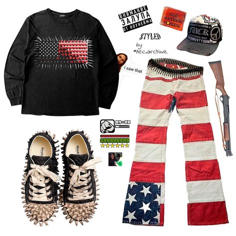 Top - @yutostudios “Blunt Trauma” longsleeve (releasing october 2nd) - Unknown (via @spiritual.archive) Pants - #hystericglamour american flag hagis - 250$ (via @fauhlen) Hat - @alcmystudios alcmy ch patchwork trucker 1of1 - 600$ Wallet - Original “Bad Mother F*cker” leather wallet from Quentin Tarantino’s Academy Award - winning crime drama Pulp Fiction (1994) - 30000 - 50000$ (via @das.archivee) Belt - bullet belt - Unknown (via @7sehnsucht) Footwear - @__doublet__ fw24 porcupine lace ... American Flag Hat, Flag Hat, Hysteric Glamour, Aesthetic Vintage, Pulp Fiction, Fitness Inspo, American Flag, Leather Wallet, Vintage Outfits