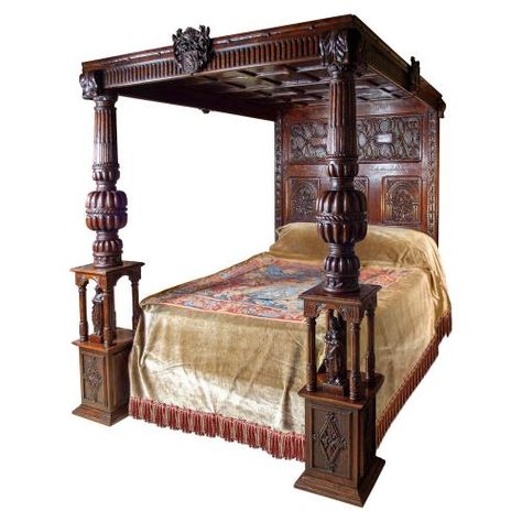 Tester Four Poster Bed Oak Renaissance Style Carved Adam Eve Armorials Tapestry Lucy Johnson Medieval Living Room, Fantasy Bed, Unique Bed Frames, Four Post Bed, Beds Frames, Bed Aesthetic, Carved Beds, 4 Poster Beds, Velvet Bedspread