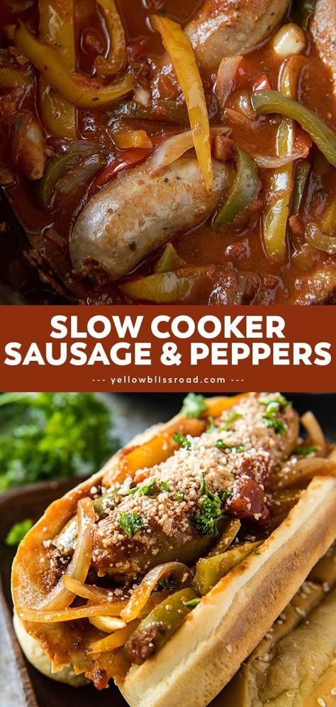 Crockpot Sausage Recipes, Slow Cooker Sausage And Peppers, Sausage And Peppers Crockpot, Crockpot Italian Sausage, Italian Sausage Peppers, Sausage Peppers Onions, Slow Cooker Sausage, Sausage Peppers And Onions, Sausage Crockpot