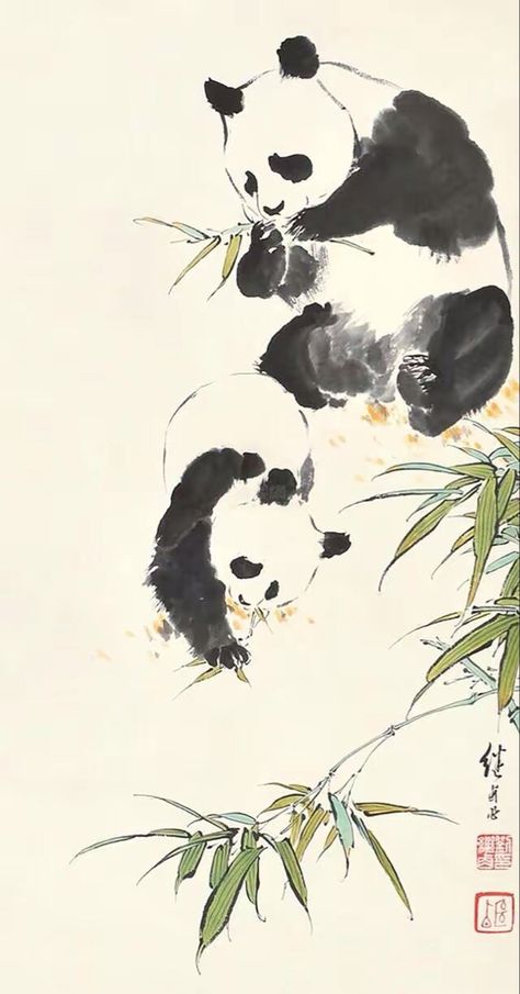 Panda Chinese Painting, Chinese Artwork Traditional, Chinese Caligraphy Art Artworks, Chinese Drawing Traditional, Japanese Watercolor Paintings, Chinese Drawing, Chinese Panda, Panda Artwork, Japanese Ink Painting