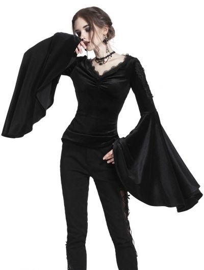 Black Gothic Velvet Long Trumpet Sleeves T-Shirt for Women Prom Suit And Dress, Alice Clothes, Gothic Blouse, Vampire Fashion, October Fashion, Dark In Love, Trumpet Sleeves, Gothic Tops, Big Sleeves