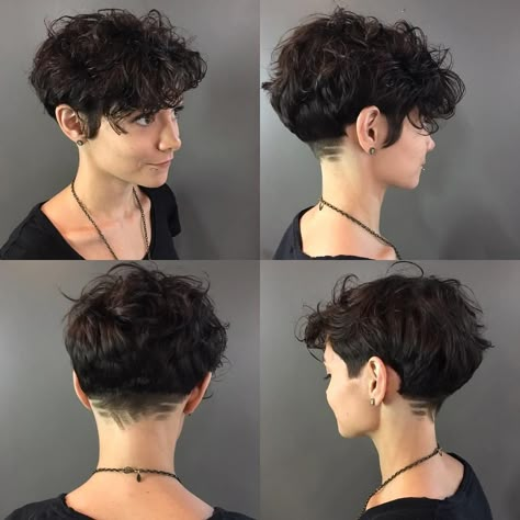 Curly Pixie with Shaved Nape #curlyshorthair Short Curly Pixie, Curly Pixie Haircuts, Androgynous Hair, Tousled Hair, Curly Pixie Cuts, Short Curly Haircuts, Haircuts For Curly Hair, Short Wavy Hair, Undercut Hairstyles