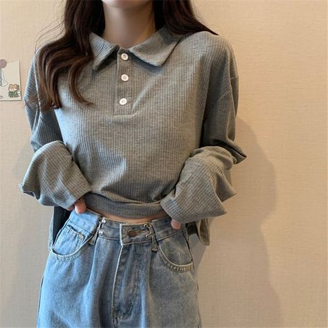 Oolun - Long-Sleeve Plain Polo Shirt Polo T Shirts Women, Polo Crop Top, Preppy Mode, Plain Polo Shirts, Basic Blouses, Retro Tee, Women Long Sleeve Tops, Crop Shirt, Look Chic