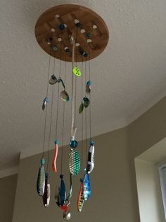 Fishing Lure wind chime #DIYfishinglures  Fishing Lure wind chime #DIYfishinglures Lund Fishing Boats, Fishing Crafts, Fishing Lures Art, Fish Mobile, Bait Shop, Fishing Boats For Sale, Diy Fishing Lures, Fishing Room, Tackle Shop