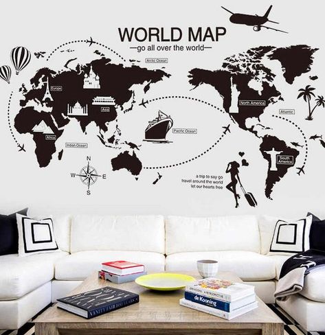 Travel Party Decorations, World Travel Decor, Study Wall, World Map Decal, Map Decal, Wall Murals Painted, Map Wall Decor, Diy Vinyl, World Map Wall