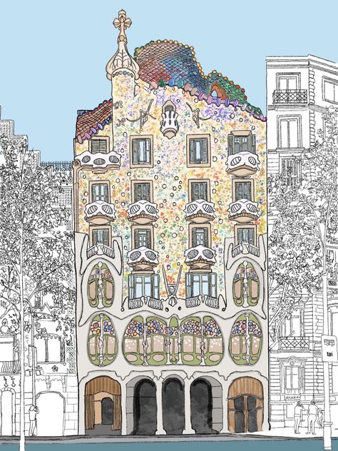 Antoni Gaudi Drawings, Casa Batllo Drawing, Gaudi Tattoo, Barcelona Sketch, Barcelona Drawing, Barcelona Illustration, Gaudi Art, Architecture Journal, Gaudi Architecture