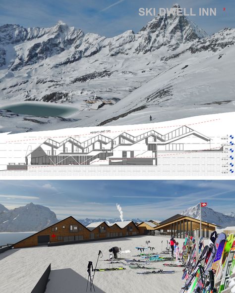 Skiing in the snow: Low-emission, climate conscious Ski Resort designs in Switzerland | Architecture Results Ski Resort Architecture, Mountain Resort Architecture, Switzerland Architecture, Vacation Alone, Freelance Architect, Snow Cabin, Architect Student, Resort Plan, Winter Resort