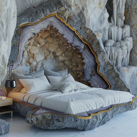 Imagine a bedroom transformed into a serene sanctuary, where the focal point is a bed reminiscent of a geode. The headboard, crafted from smooth, polished amethyst, shimmers with hues of lavender, deep purple, and hints of crystalline whites. The bedframe itself mirrors the rugged yet elegant exterior of a geode, with textured layers of wood and stone, intricately carved to emulate the natural formation of crystals. Soft, iridescent bedding in shades of mauve and silver complements the geode-... House Entrance Exterior, Exterior Steps, Sculptural Wall Art, Oyster Bed, Shades Of Mauve, Zen Living, Conversation Pit, Textured Layers, Sunken Living Room