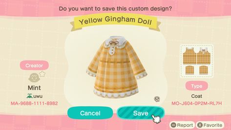 Acnh codes Acnh Yellow, Acnh Dress, Acnh Fashion, Cozy Core, Acnh Outfits, Light Yellow Dresses, Yellow Plaid Dress, Ac Codes, Acnh Patterns