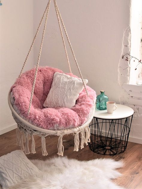 Hanging Chair Soft Fluffy Pillow Fixing of a Swing - Etsy Chair That Hangs From Ceiling, Swings For Room, Pink Hanging Chair, Fluffy Chairs For Bedrooms, Swings For Bedrooms, Room Swing Chair, Swing In Bedroom, Bedroom Swing Chair, Hanging Chair In Bedroom