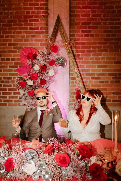 Maximalism Wedding, Electric Love Wedding, Funky Wedding Flowers, Kitchy Wedding Ideas, Vintage Valentine Wedding Theme, Disco Wedding Color Palette, Vintage Aesthetic Wedding, Eclectic Disco Wedding, Maximalist Wedding Dress