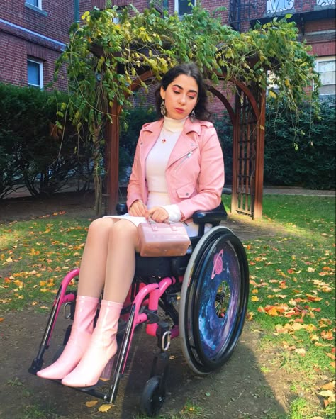 Pink Red Aesthetic, Rose Petal Place, Wheelchair Fashion, Disabled Women, Wheelchair Women, Life Drawing Reference, Chair Pose, Wheel Chair, Shotting Photo