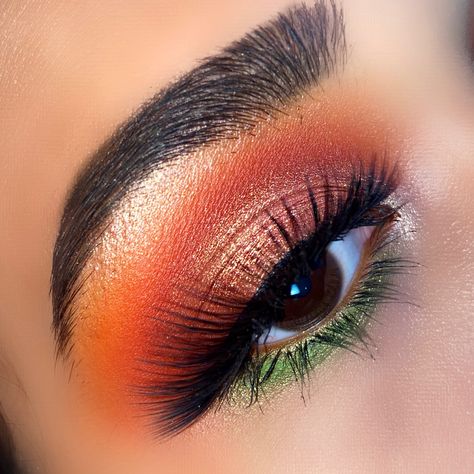 #greeneyemakeup #orangemakeup #eyelooks Green Purple Orange Eye Makeup, Green Orange Makeup Look, Orange Green Makeup Looks, Green Orange Eye Makeup, Green And Orange Eye Makeup, Green And Orange Eyeshadow Looks, Orange Green Eyeshadow, Green And Orange Makeup Looks, Orange And Green Eyeshadow