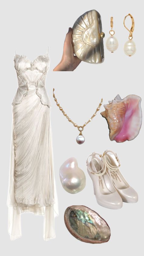 Aphrodite Outfit Ideas, Mermaid Core Clothes, Ocean Theme Outfit, Fancy Beach Outfit, Seashell Outfit, Aphrodite Aesthetic Outfit, Mermaid Aesthetic Outfit, Angelic Outfits, Pisces Fashion