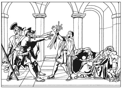 Coloring page created from the painting 'Oath of the Horatii' (Neoclassical style) by Jacques-Louis David, finished in 1785. Oath Of The Horatii, David Drawing, Neoclassical Painting, Neoclassical Art, Coloring Adult, Jacques Louis David, Coloring Page For Adults, Tree Study, Adults Coloring