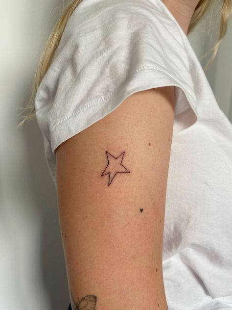 Dot Star Tattoo, Star Arm Band Tattoo, Tiny Tattoo Cover Up Ideas, Hand Drawn Star Tattoo, City Of Stars Tattoo, Hand Star Tattoos For Women, Dancing Stars Tattoo, 4 Point Star Tattoo, Lighting Hand Tattoo