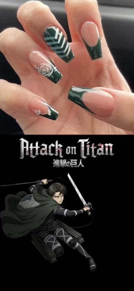 Aot Anime Acrylic Nails, Aot Anime Nails, Levi Ackerman Nails, Attack On Titan Nail Art, Jjba Nails, Attack On Titan Nails, Anime Themed Nails, Blood Nails, Nail Piercing