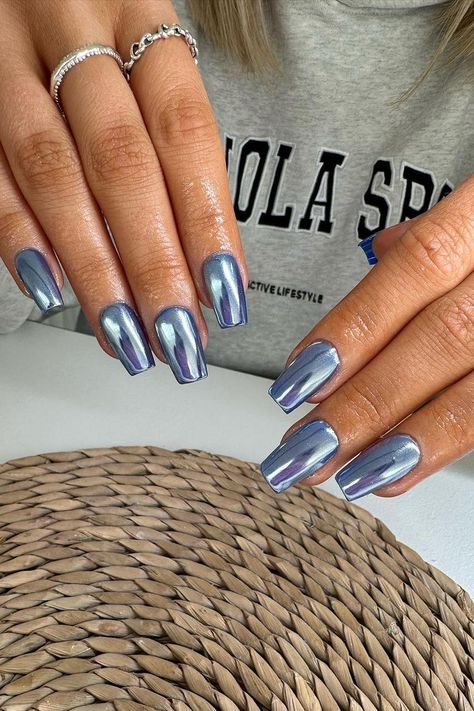 34 Sparkly Blue Chrome Nails Inspo for 2024 Multicolored Chrome Nails, Blue Mirror Nails, Blue Chrome Acrylic Nails, Blue Iridescent Nails, Dark Blue Chrome Nails, Blue Metallic Nails, Chromatic Nails, Light Blue Chrome Nails, Metallic Blue Nails