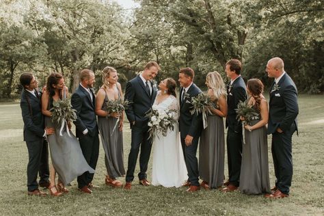 WEDDING PARTY Early May. Backyard wedding. Sunset. Navy blue suits and slate gray dresses. Gray Wedding Party, Navy Blue Suits, Navy Blue Suit Wedding, Ideas Wedding Party, Navy Wedding Colors, Navy Suit Wedding, Bridal Parties Colors, Olive Green Weddings, Wedding Groomsmen Attire