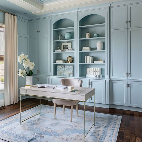 The 11 Best Home Office Paint Colors Behr Cornflower Blue, Pale Blue Office Walls, Home Office Light Blue Walls, Pastel Blue Paint Colors, Sherwin Williams Office Colors, Bright And Airy Paint Colors, Light Blue Office Ideas, Pale Blue Office, Home Office Blue Walls