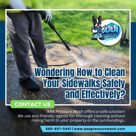 Keep your property looking its best with AAA Pressure Wash! Our eco-conscious agents securely and reliably clean sidewalks, removing dirt and grime without damaging your environment. 🌱💦   👇 | Contact us at: ☎ | 888-857-5441 🌐 | www.aaapressurewash.com   #pressurewashing #powerwashing #cleaning #softwashing #softwash #carpetcleaning #pressurecleaning #cleaningservice #homeimprovement #pressurewash #cleaningservices #pressurewasher #deepcleaning Pressure Washing Tips, Pressure Washer Tips, Pressure Washing, Pressure Washer, How To Clean Carpet, Cleaning Service, Eco Conscious, Deep Cleaning, Washer