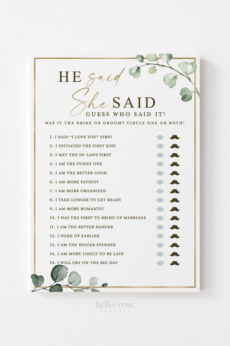 Bride This Or That Game, He Said She Said Bachelorette Party Game, Who Said It Bridal Shower Game, Bridal Shower This Or That, Bridal Shower Games Templates, Bridal Shower Game Printables, Bridal Shower He Said She Said, Bridal Shower Game Cards, Green Gold And White Bridal Shower Ideas