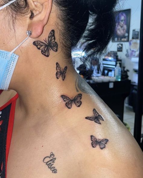 Shoulder Henna, Butterfly Neck Tattoo, Behind Ear Tattoos, Unique Butterfly Tattoos, Girl Neck Tattoos, Side Neck Tattoo, Hand Tattoos For Girls, Cute Hand Tattoos, Pretty Hand Tattoos