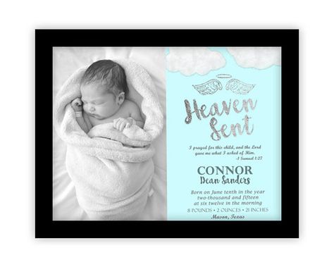 Get the beautiful Samuel 1:27 nursery wall print for your little boys room, featuring a whimsical cloud and faux silver foil Heaven Sent Angel design with Samuel 1:27 below it, personalized with baby boys photo, and birth announcement information. This personalized angel nursery print is professionally printed on 100lb gloss cover. The art print is a great way to decorate your new nursery. Each Print is 8x10, 8.5x11, or 11x14. Shipped ready to frame! Frame not included. See below for more cu... Heaven Frame, Birth Announcement Wall Art, Baby Nursery Art, Angel Design, Slice Of Heaven, Baby Boy Photos, 11x14 Print, Angels In Heaven