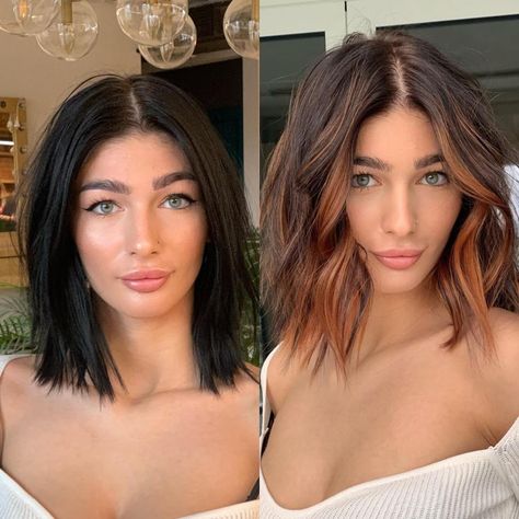 Black to Caramel Brown Makeover Copper And Brown Color Block Hair, Dark Brown Color Block Hair, Copper Face Framing Highlights, Color Block Hair Brunette, Caramel Face Framing Highlights, Black Hair Undercut, Undercolor Hair, Caramel Highlights On Brown Hair, Highlights On Brown Hair