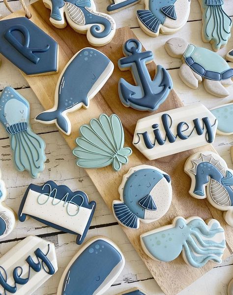 Ocean Birthday Cakes, Whale Cookies, Cookie Recipes Decorating, Ocean Baby Showers, Beach Cookies, Ocean Birthday Party, Sea Baby Shower, Summer Cookies, Cookie Party