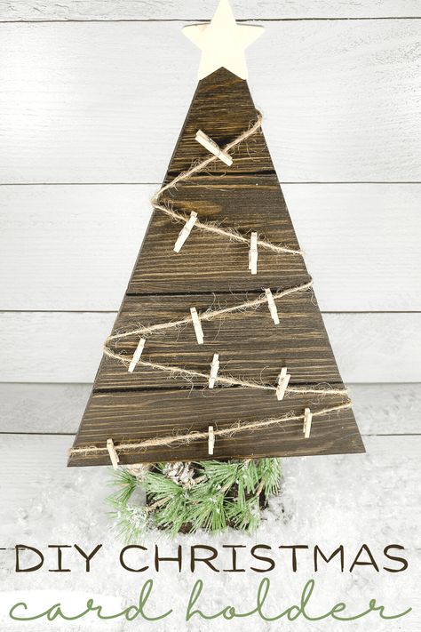 Display your favorite christmas cards and Christmas photos with this easy DIY rustic wood christmas tree card holder this holiday season. It's free-standing so it fits perfect on a tabletop so it makes a great DIY christmas decoration to showcase your holiday cards on one of your tables or the fireplace mantel. Your guests will love this sentimental yet simple christmas card display idea. Diy Rustic Christmas Tree, Christmas Tree Card Holder, Diy Farmhouse Christmas, Diy Rustic Christmas, Christmas Card Holder, Christmas Card Display, Mini Christmas Ornaments, Christmas Tree Card, Burlap Christmas Wreath