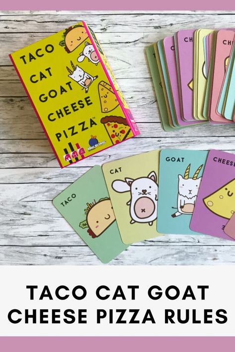 Grab some friends and get ready for some card slapping entertainment! Taco Cat Goat Cheese Pizza is a hilarious, fast-moving card game that players of all ages will love. Continue reading to find out all the Taco Cat Goat Cheese Pizza rules. Taco Cat Goat Cheese Pizza, Taco Games, Drinking Card Games, Goat Cheese Pizza, Crazy Eights, Pizza Games, Cool Games To Play, Taco Cat, Taco Pizza