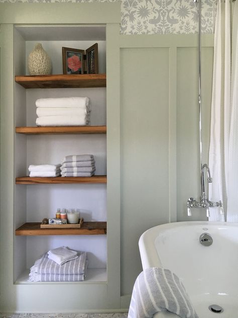 Recessed bathroom shelving with reclaimed wood.  Stone House Revival - Season One. Recessed Bathroom Shelves, Recessed Shelves Bathroom, Recessed Wall Shelves, Stone House Revival, Recessed Shower Shelf, Design Interior Baie, Recessed Storage, Bathroom Rustic, Recessed Shelves