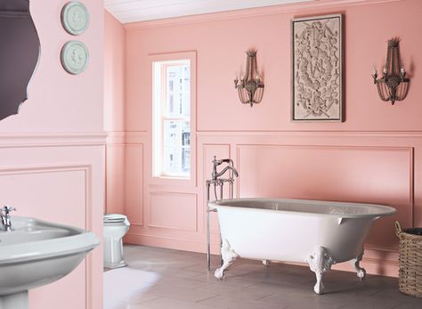 Wall: Fruit Shake 2088-60; Product/Sheen: Aura® Bath & Spa, Matte; wainscoting: Fruit Shake 2088-60; Product/Sheen: Advance® Satin. Southern Charm Kitchen, Pastel Bathroom, Pink Bedroom Walls, Pink Paint Colors, Pink Living Room, Bathroom Paint Colors, Colored Ceiling, Benjamin Moore Colors, Kitchen And Bath Design