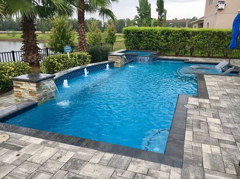 L Shape Pool With Spa, Swimming Pool Prices, Inground Pool Landscaping, Arizona Backyard, Geometric Pool, Florida Pool, Pool Prices, Dream Backyard Pool, Pools Backyard Inground