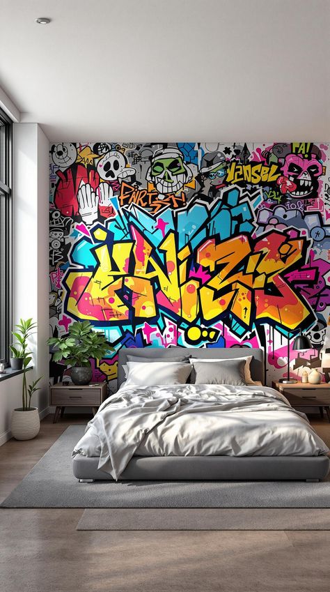 Street Style Bedroom Grafitti Bedroom Aesthetic, Graffiti Wall In Bedroom, Graffiti Art Wallpaper, Graffiti Interior Design, Street Style Bedroom, Room Graffiti, Exposed Ductwork, Style Room Ideas, Street Style Room