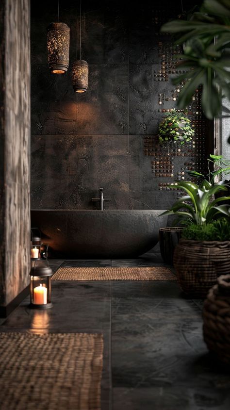 Dark Homes Interior, Dark Aesthetic Bathroom Ideas, Swanky Bathroom, Masculine Bathroom Ideas, Masculine Bathroom, Bathroom Interior Design Modern, Dark Bathrooms, Dark Home Decor, Dark Home