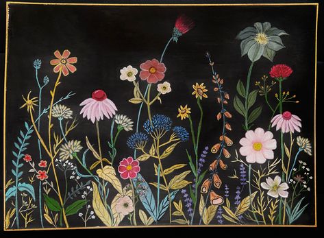 Garden Chalkboard Art, Chalk Art Mural, Chalk Mural Ideas, Chalkboard Aesthetic, Chalkboard Mural, Blackboard Decoration, Wildflower Mural, School Chalkboard Art, Chalk Markers Art