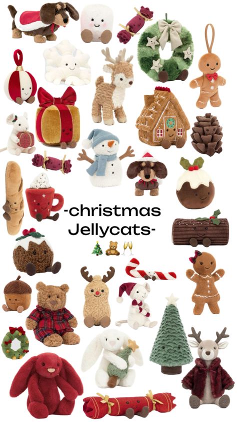 Christmas jellycats!! 🎄🧸🥂 Cute Christmas Ideas, Christmas Decora, Jellycat Stuffed Animals, Cute Squishies, Daisy Wallpaper, Bulletin Journal Ideas, Santa Claus Is Coming To Town, Christmas Room Decor, Christmas Inspo