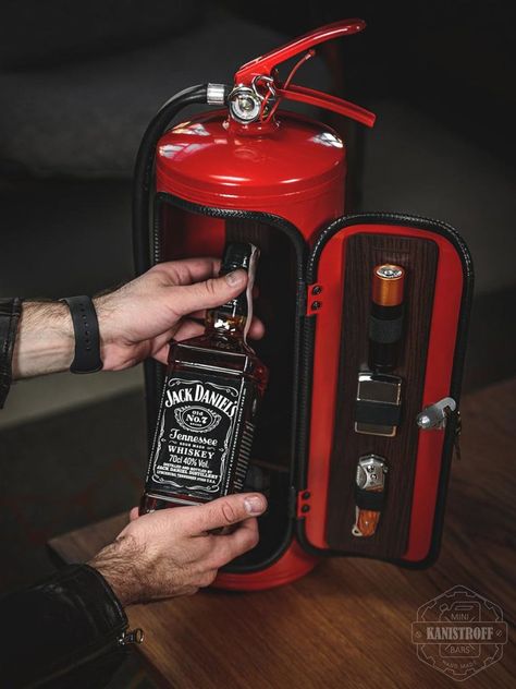 Fire Extinguisher Mini Bar: The Perfect Concealment For Your Favorite Liquor | SHOUTS Jerry Can Mini Bar, Bar Portable, Firemen Gifts, Wine Gift Baskets, Whiskey Bar, Real Fire, Weird Gifts, Mini Bars, Alcohol Bottles