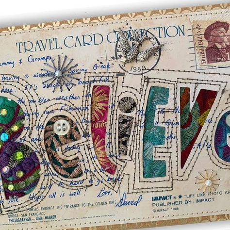 Jan Bryan-Hunt on Instagram: "IMO…Trending or not trending, inspirational words will always be trending in my own heart. From JB Hunt Studio…Series of two…Miniature Tapestry words… Collage, sari textiles, beading. Rhinestones, embroidery, machine sewn, hand sewn on vintage postcard, upcycle.  Removable quote card attached on back. Go to jbhuntstudio.org #tapestries #miniatures #inspire #words #collageart #wordart #spiritualart #sewonpaper #textiles  #postcards #vintagepostcards #collageartis Postcard Collage, Collage Postcards, Textile Postcards, Embroidered Postcards, Postage Stamp Collage Art, Fiber Art Collage, Postcard Art, Quote Cards, Vintage Postcard