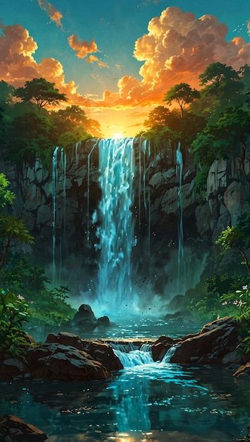 Waterfall Pictures, Waterfall Photo, Waterfall Paintings, Waterfall Art, Dreamy Artwork, Fantasy Background, Sun Shining, Landscape Paintings Acrylic, Landscape Photography Nature