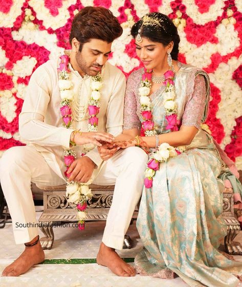 Sharwanand Wedding, Sharwanand Engagement, Engagement Groom Outfit Indian, Groom Engagement Outfit Indian, Engagement Couple Outfits Indian, South Indian Engagement Outfit, South Indian Engagement, Indian Engagement Outfit, Engagement Looks