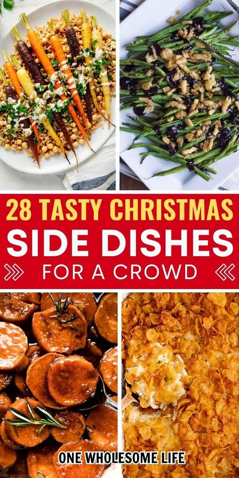 collage of Christmas side dishes. Vegetables Side Dishes For Christmas, Christmas Party Side Dishes For A Crowd, Vegetable Side Dishes For A Crowd Slow Cooker, Easy Holiday Vegetable Side Dishes, Christmas Sides For A Crowd, Holiday Dinner Side Dishes, Holiday Party Side Dishes, Side Dishes For Christmas Party, Christmas Carry In Food Ideas