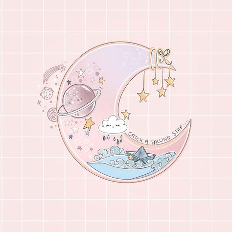 Kawaii Moon, Catch A Falling Star, Space Doodles, Kawaii Wallpapers, Kawaii Unicorn, Paper Background Design, Falling Star, Moon Drawing, Cute Animal Clipart