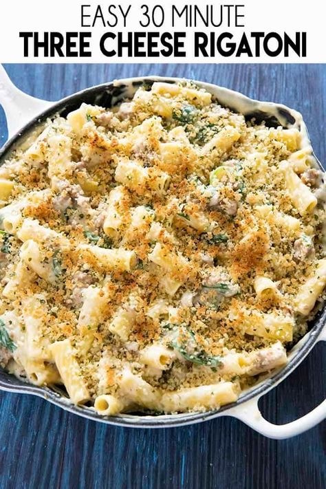 Three Cheese Rigatoni is the 30 minute pasta recipe dreams are made of! Full of three creamy cheeses, Italian Sausage, and a delicious garlic topping! Cheese Rigatoni, Rigatoni Pasta Recipes, Rigatoni Recipes, Noodles Recipes, Favorite Pasta Recipes, Vegetarian Pasta Recipes, Rigatoni Pasta, Mild Italian Sausage, Pasta Dinner Recipes