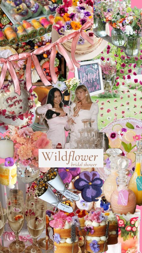 Wildflower bridal shower collage theme Spring Into Love Bridal Shower Theme, Diamond Of The Season Bridal Party, Flower Themed Bachelorette Party, Wildflower Bachelorette Party, Wild Flower Bridal Shower Theme, Wildly In Love Bridal Shower Theme, Bridal Shower Flower Theme, Brunch Bridal Shower Themes, Wild Flower Bridal Shower Ideas