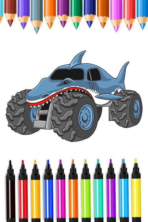 You may find a step-by-step drawing lesson for a shark monster truck here. Kids of all ages will love working on this craft, which is ideal for Halloween or any other occasion. Monster Trucks Drawing, Monster Truck Drawing Easy, Monster Truck Birthday Invitations, Shark Monster Truck, Truck Birthday Invitations, Monster Truck Drawing, Monster Truck Party Ideas, Draw A Shark, Shark Monster