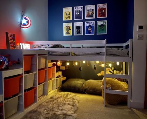 Small Superhero Bedroom, Marvel Bedroom Paint Wall Colors, Marvel Inspired Bedroom, Lego Superhero Room, Marvel Bed Room, Loft Bedroom Boys, Boys Bedroom Aged 4, Superhero Themed Bedroom, Modern Marvel Bedroom